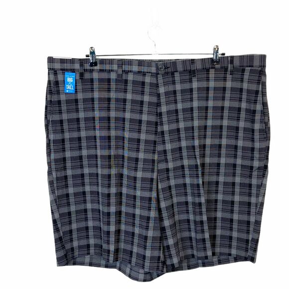 Haggar Chino Shorts Men's Black Cool 18 Pro Pinstripe Plaid Flat Front Sz 48 W